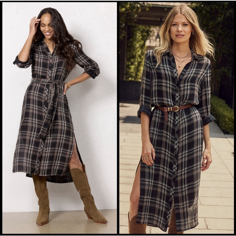 Cloth & Stone Plaid Maxi Shirt Dress Large Hi Low Stretch Boho Academia Stretch - Picture 2 of 15